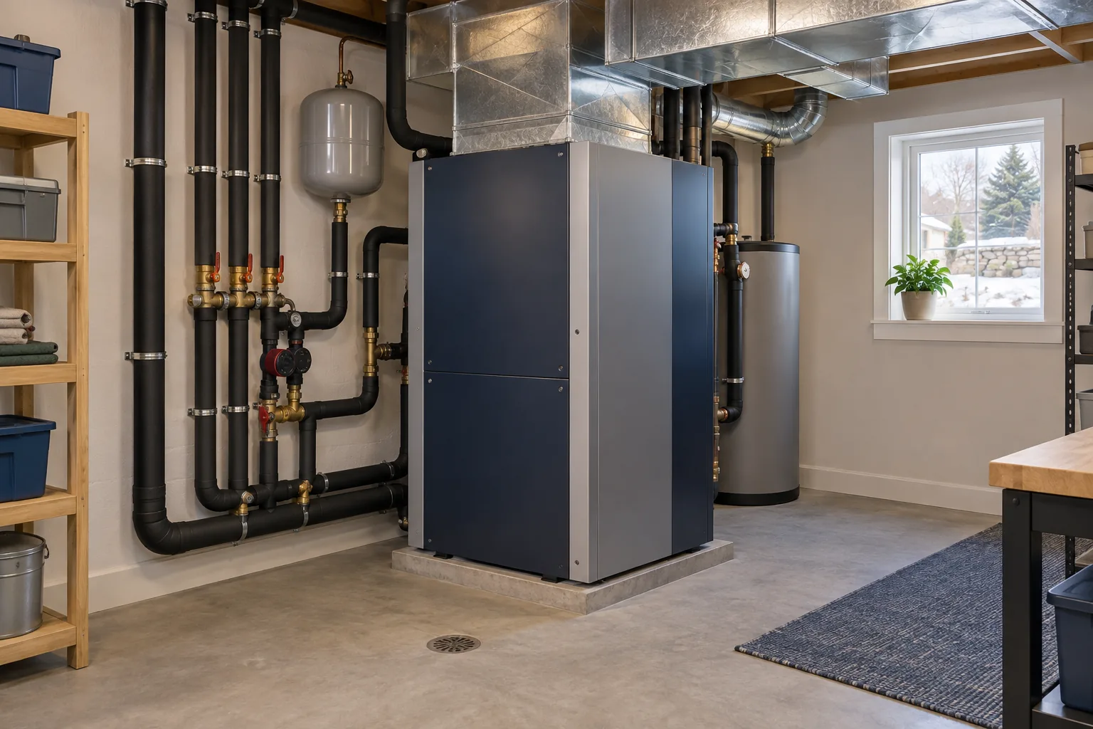 Illustrative residential geothermal heat pump with insulated piping and overhead ducts.