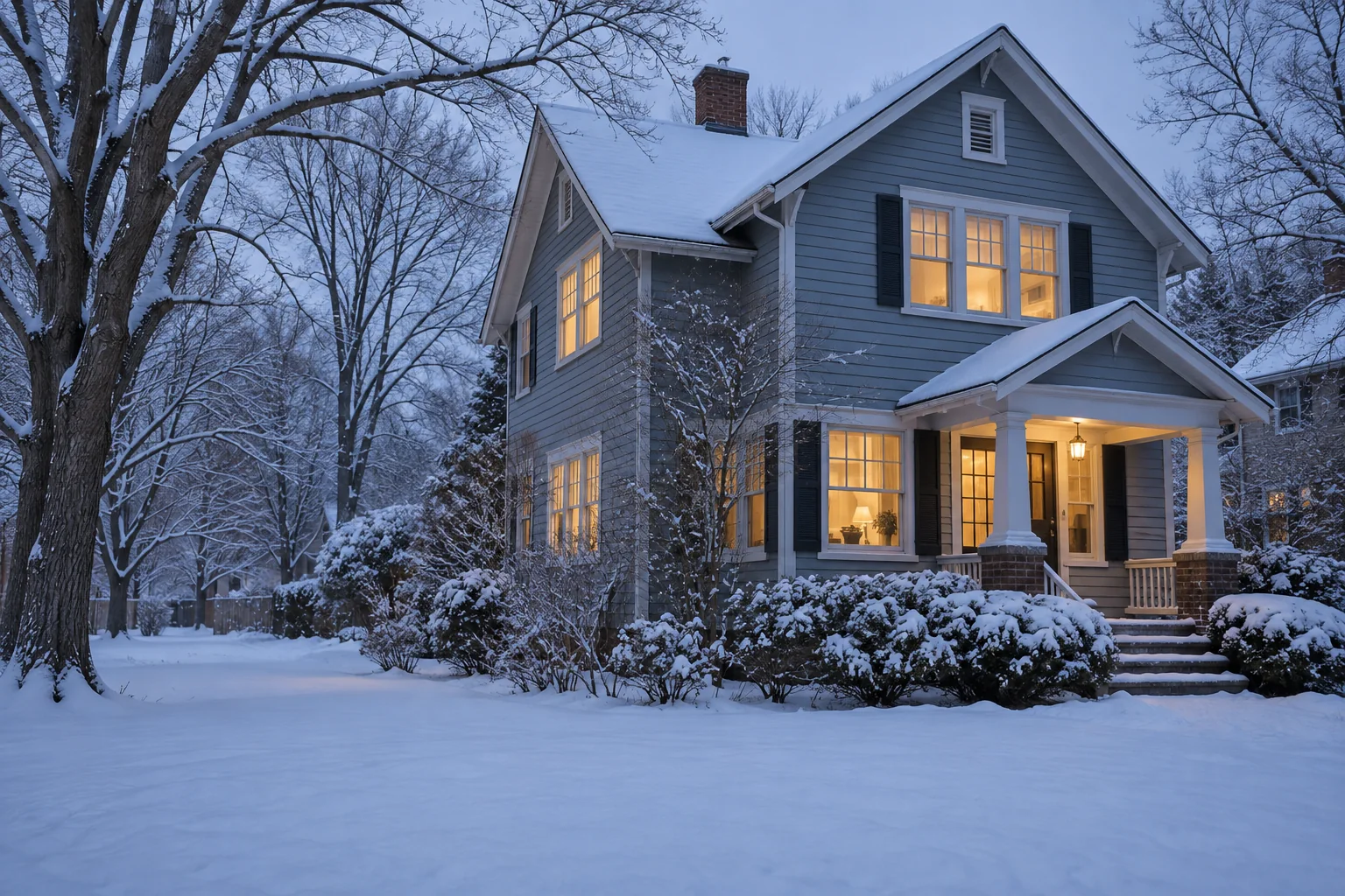 Illustrative Syracuse-style home with a snowy yard and warmly lit windows.