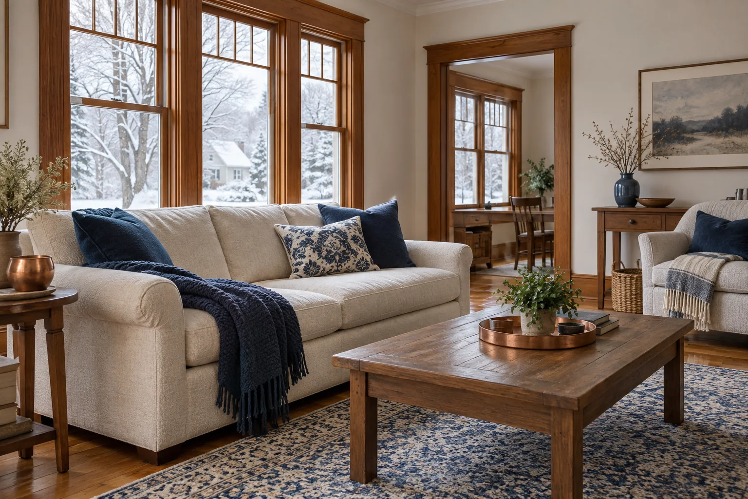 Illustrative comfortable living room with wood trim and snow outside.